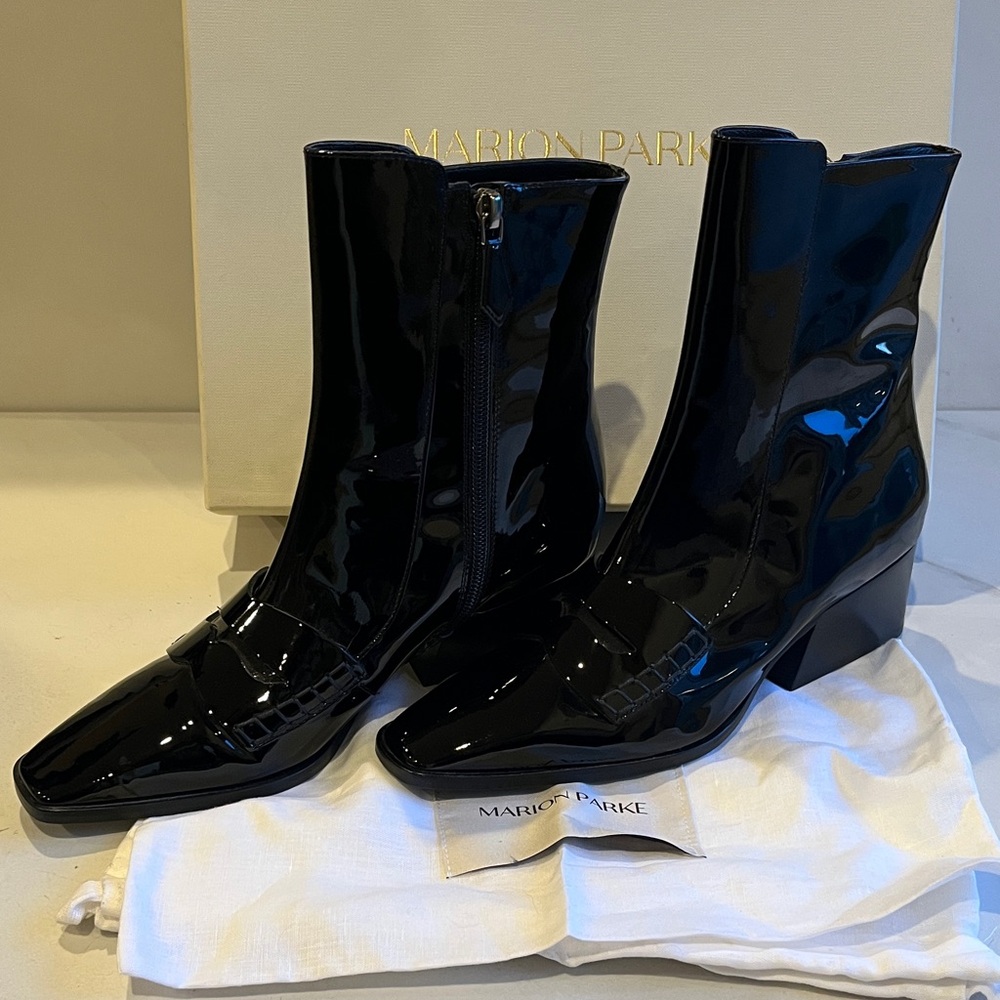 NWT Marion Parke Piper Black Patent Leather Loafer Heeled Boots Size 37